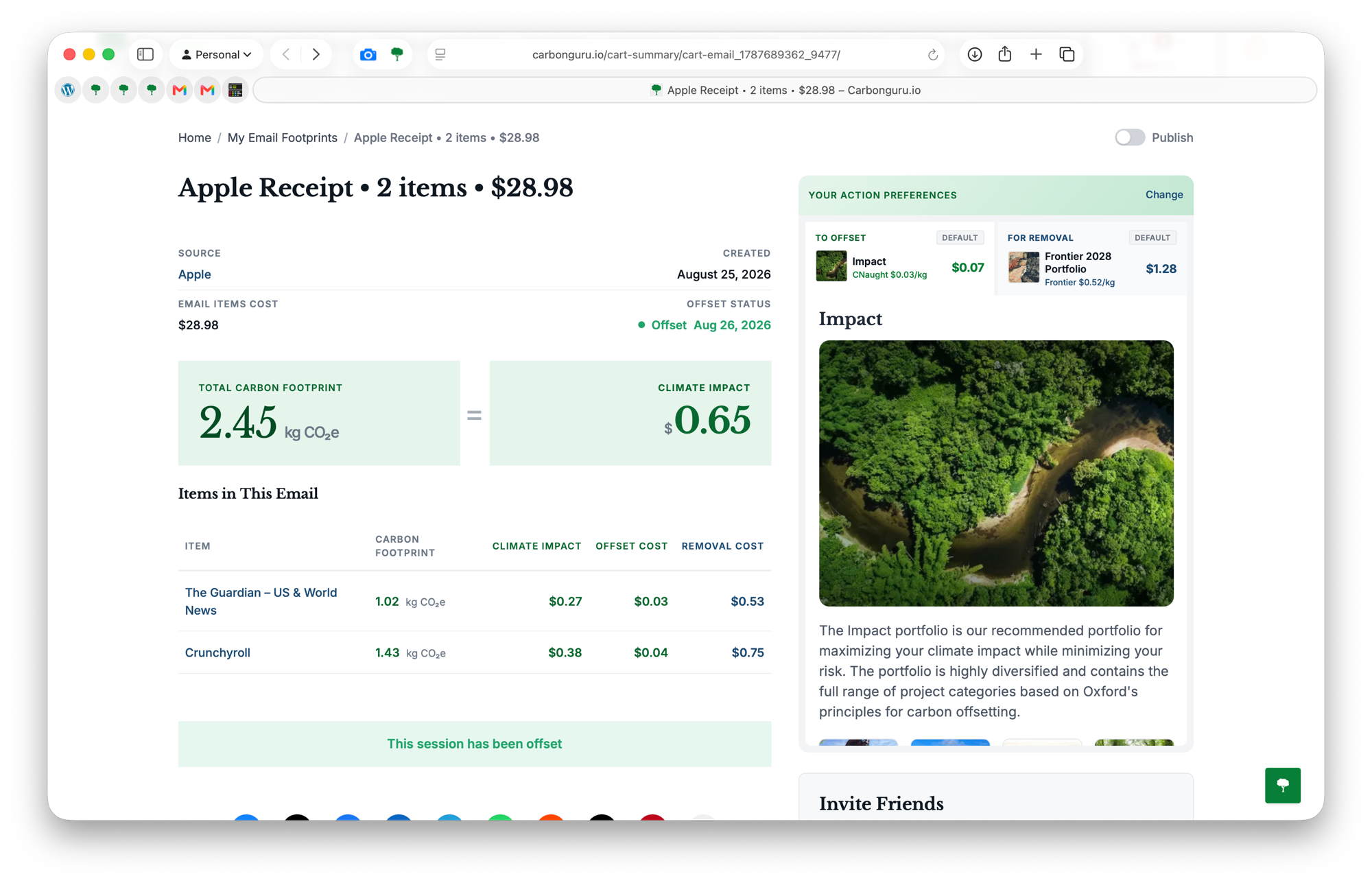 CarbonGuru footprint detail page for the Apple receipt: total 2.45 kg CO2e and 0.65 USD climate impact, per-item footprints for The Guardian and Crunchyroll, offset status marked offset with the banner: this session has been offset