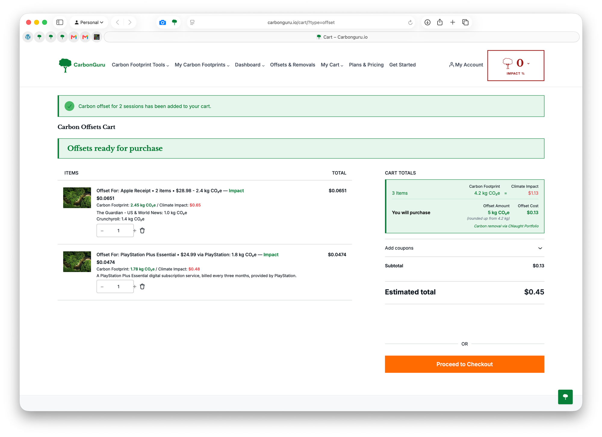 CarbonGuru offsets cart populated from the email button: two offset line items with per-item footprints and climate impact, totaling 4.2 kg CO2e, purchasing 5 kg for 0.13 USD