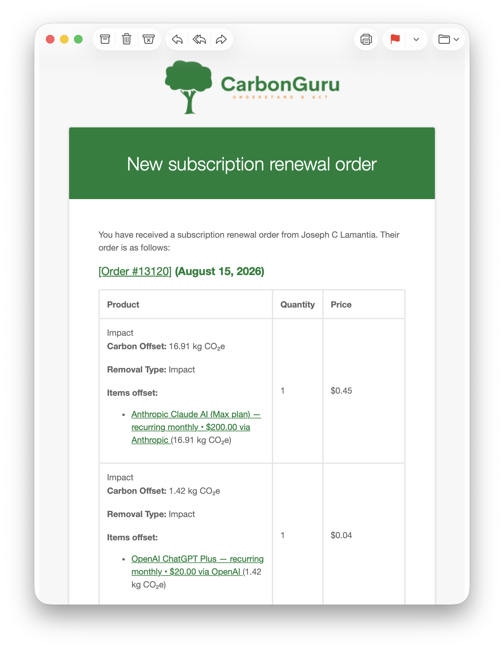 CarbonGuru automatic renewal notice — a subscription renewal order covering AI and hosting services, with per-service carbon offsets and prices