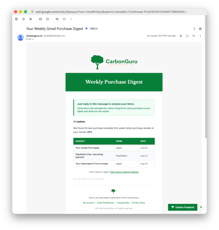 Automatic carbon footprinting and offsetting via email