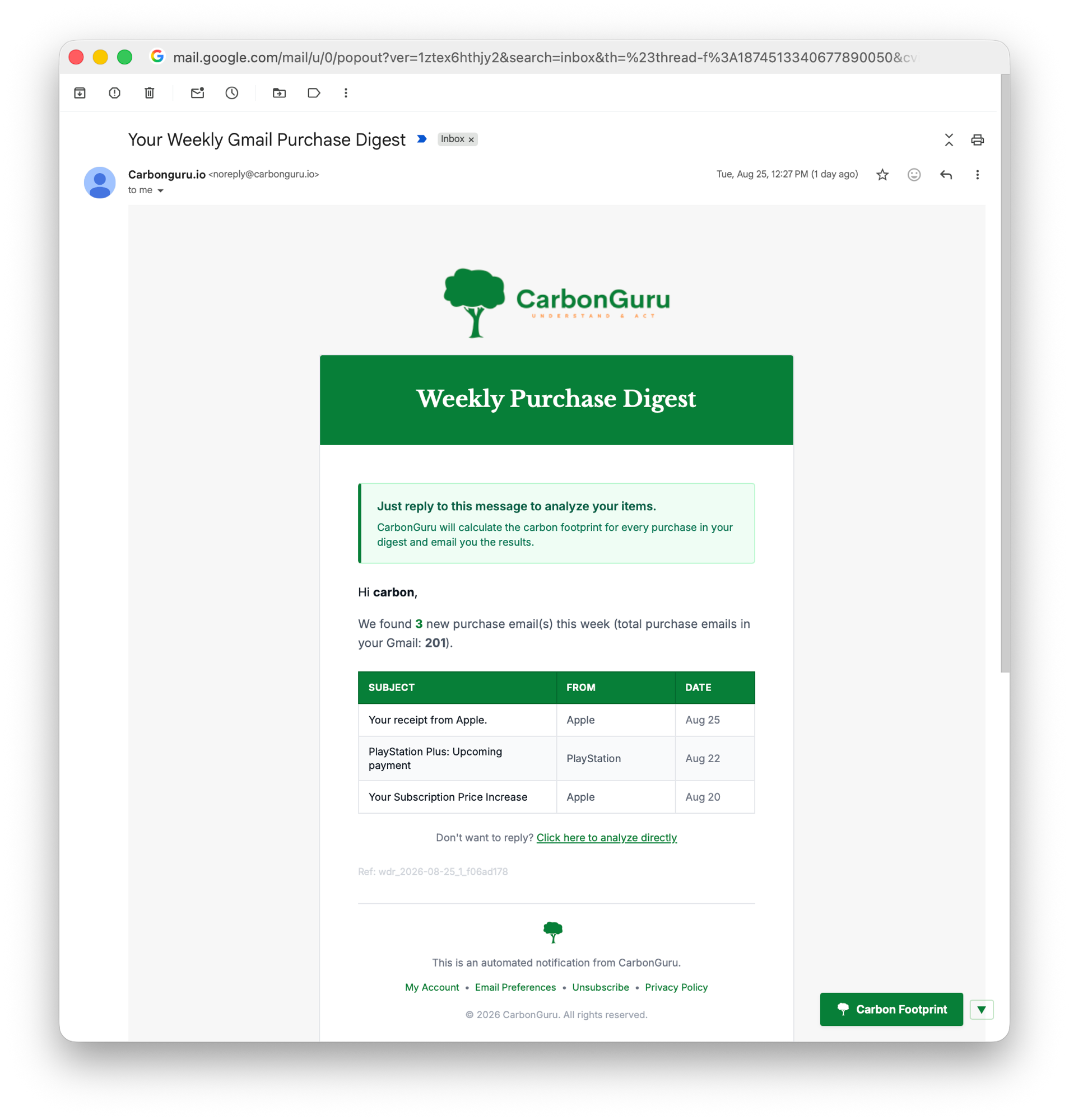 CarbonGuru Weekly Purchase Digest email in Gmail listing three purchase emails found — two from Apple and one from PlayStation — with a note: just reply to this message to analyze your items