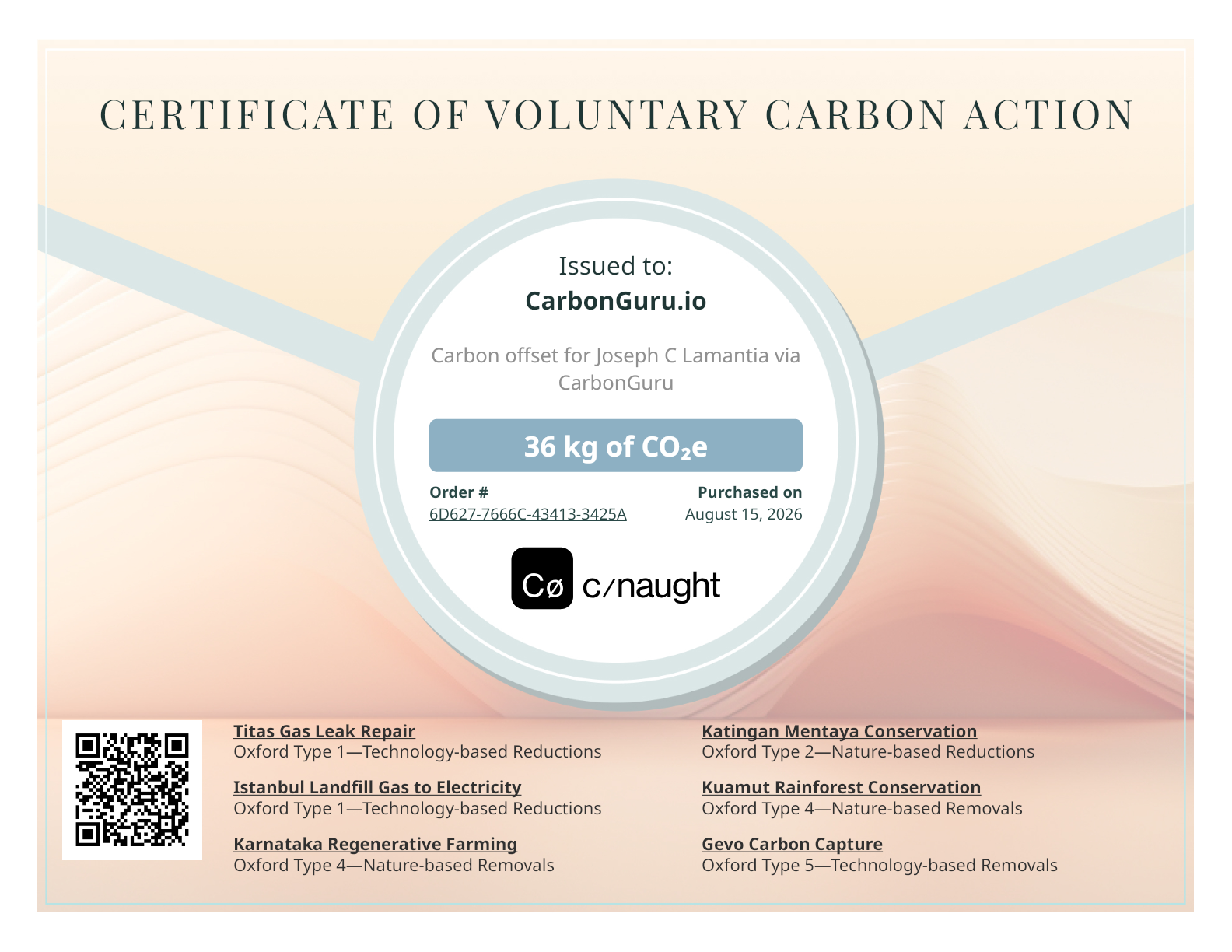 Certificate of Voluntary Carbon Action — 36 kg CO₂e offset for CarbonGuru.io, CNaught order mbwflCA3BZ